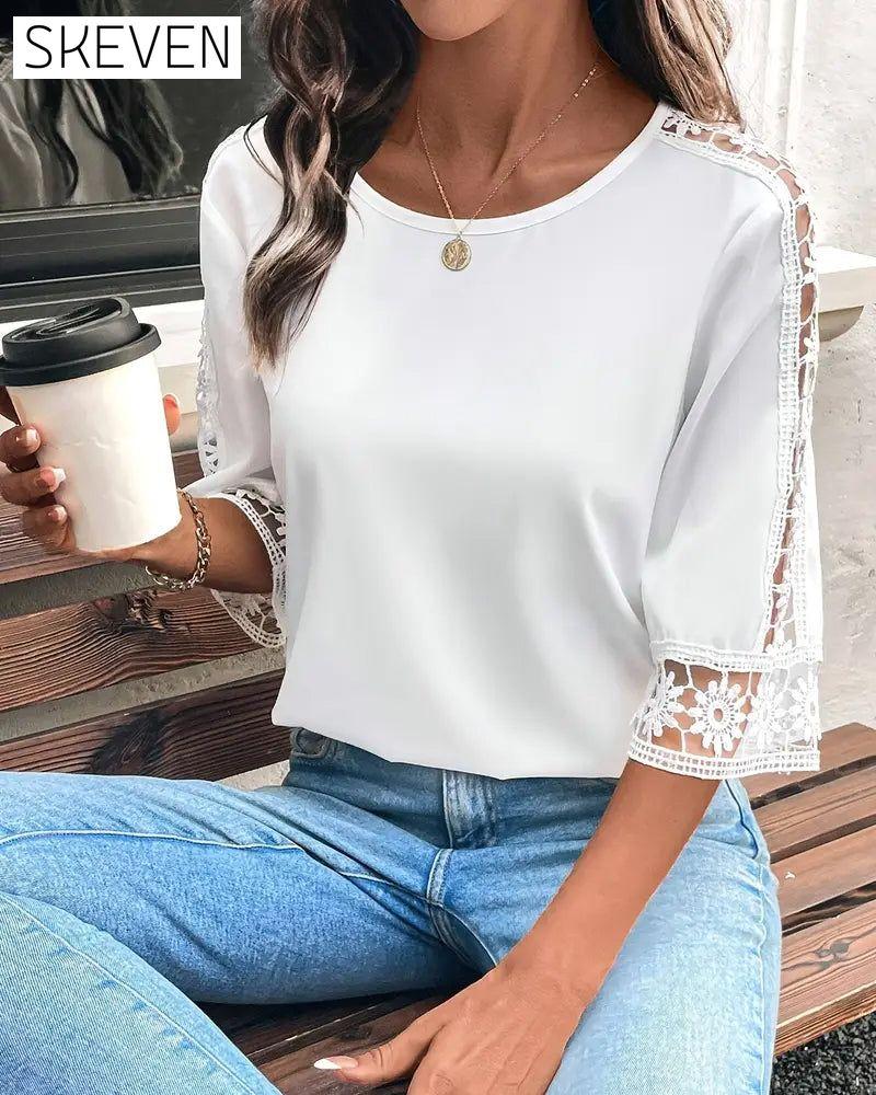 Solid Color Hollow Hook Patchwork T-Shirt