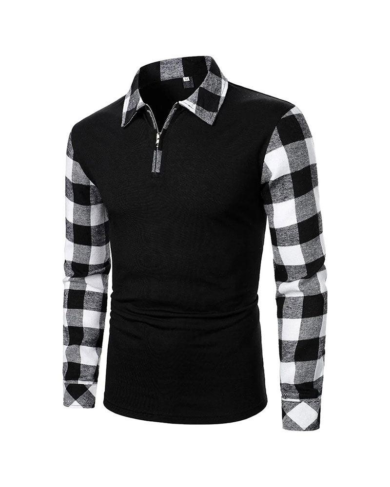 Half-Zip Plaid Spliced Top