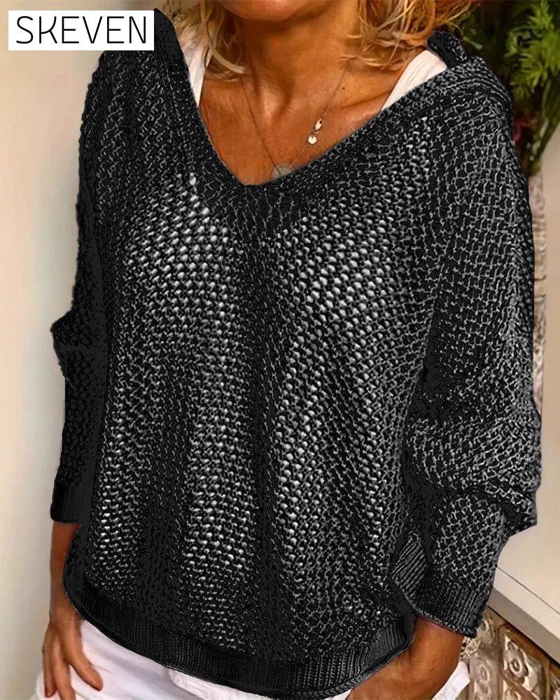 Damen Häkel-Kapuzenoberteile mit langen Ärmeln und Lochmuster