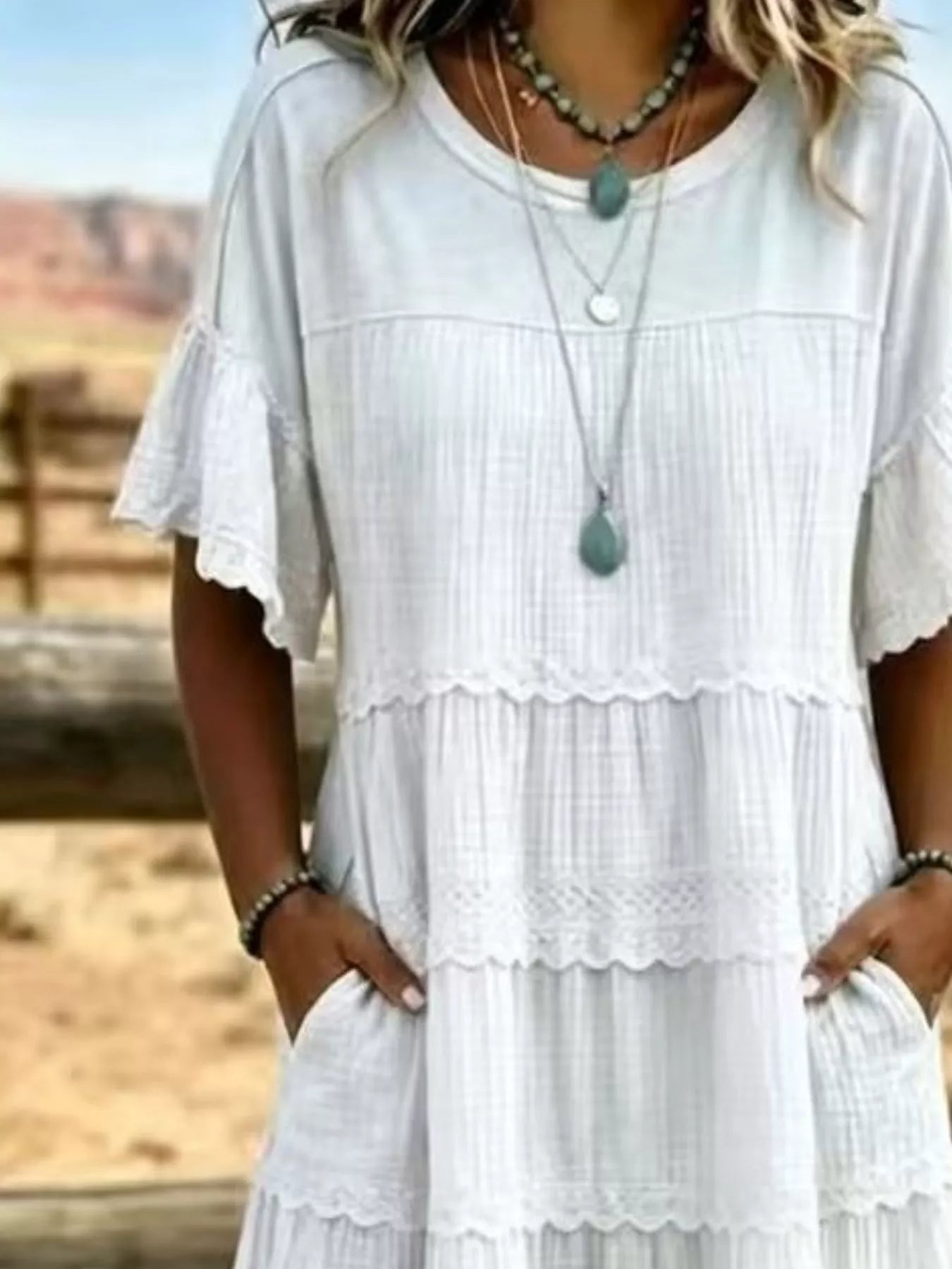 Full Size Tiered Ruffle Sleeve Midi Dress with Pockets Plus Size
