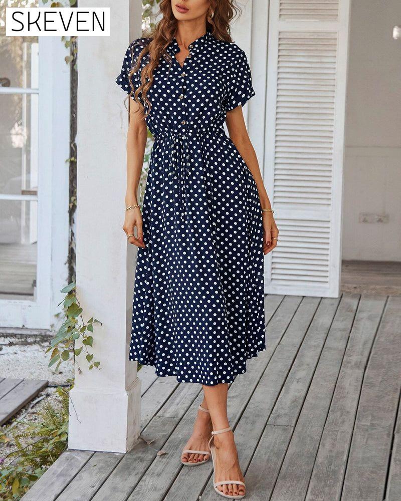 Polka Dot Drawstring Button Dress
