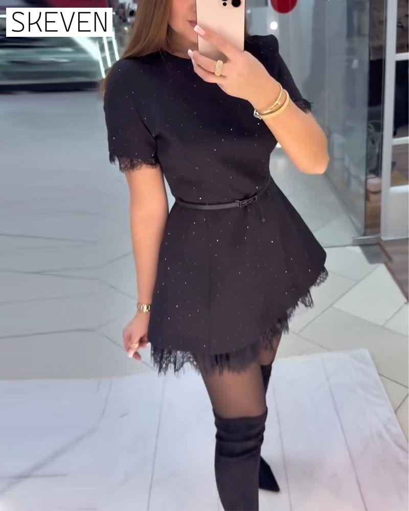 Sparkling Lace Short-Sleeve A-Line Dress