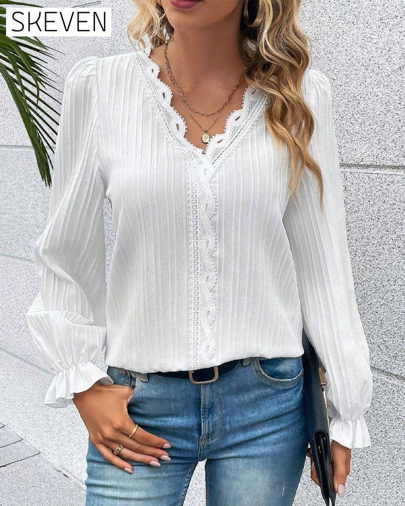 Lace V-neck patchwork blouse