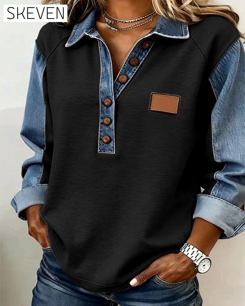 Sweat-shirt à manches longues en patchwork de denim élégant