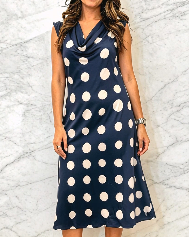 Sleeveless Pattern Polka Dot Cowl Neck Dress