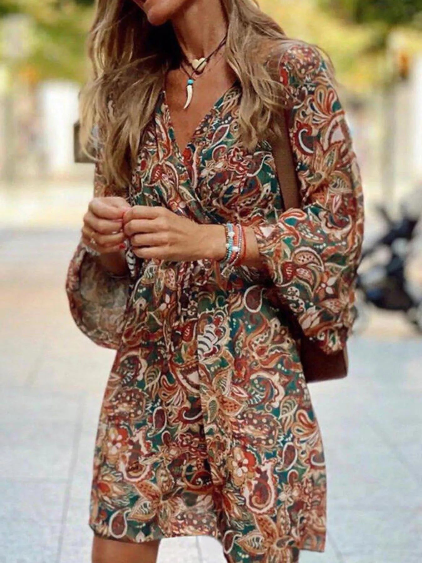 Full Size Paisley Print Long Sleeve Mini Dress Plus Size