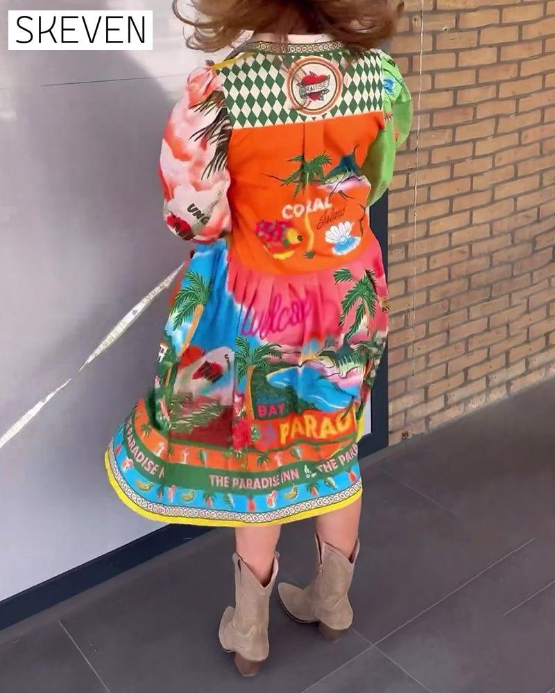 robe à manches longues imprimée colorée à revers