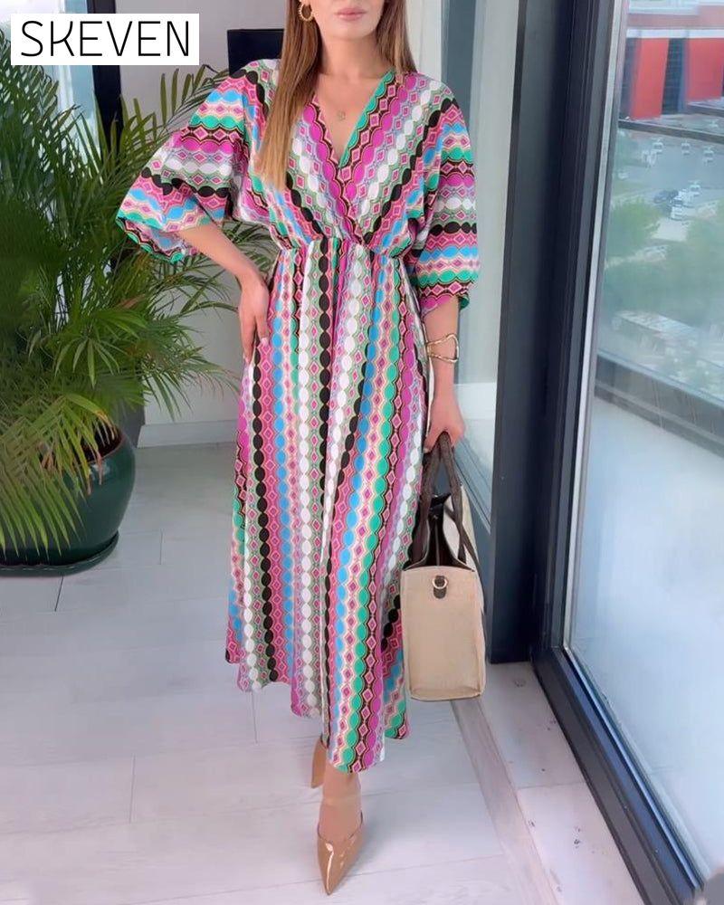 Colorful patchwork printed V-neck three-quarter sleeve dress