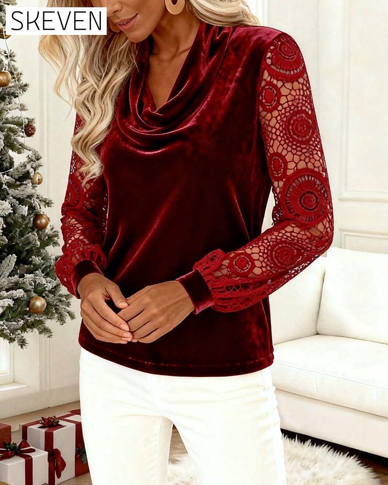 Solid Color Long-Sleeved Velvet Patchwork Top
