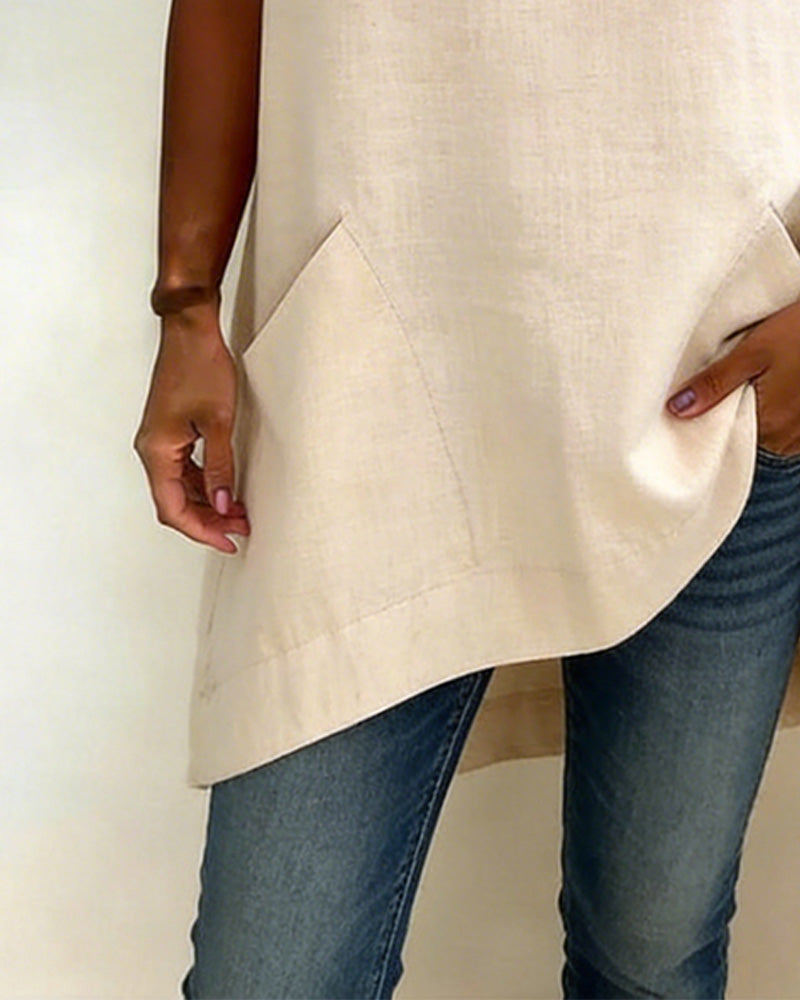 Irregular Round Neck Pocket Blouse