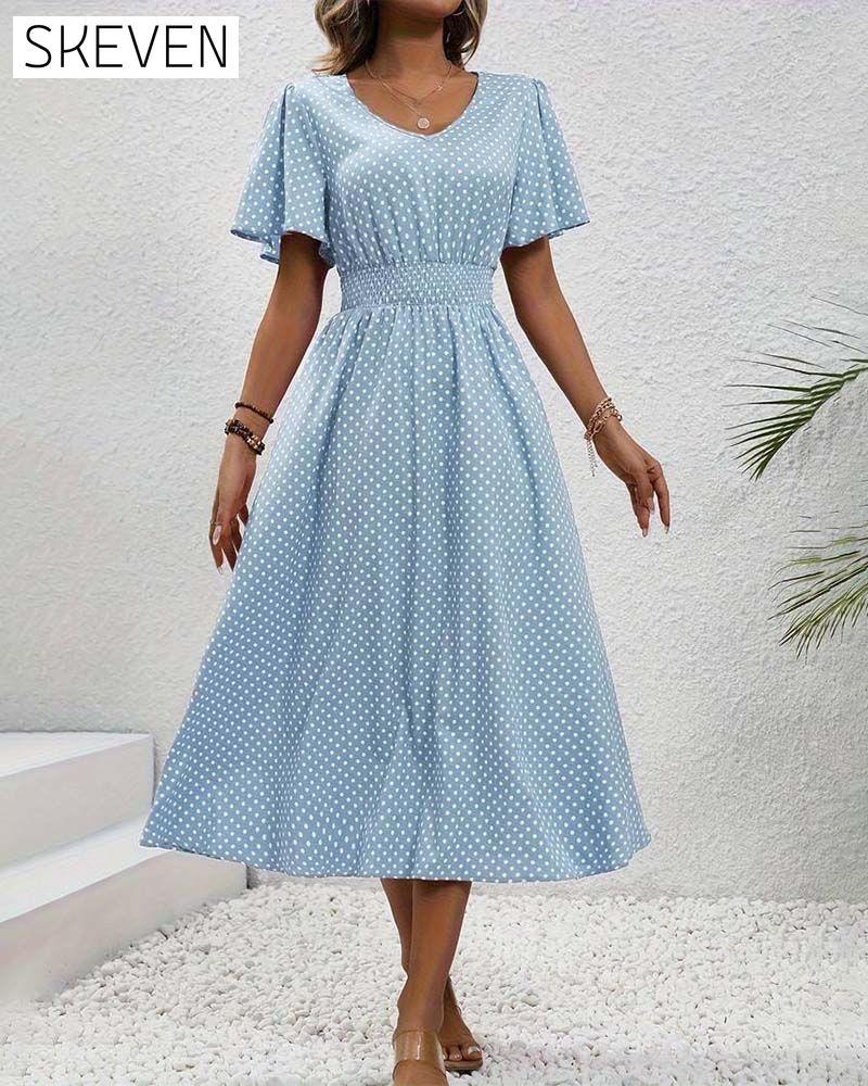 Elegant polka dot print butterfly sleeve waist dress casual dresses spring summer