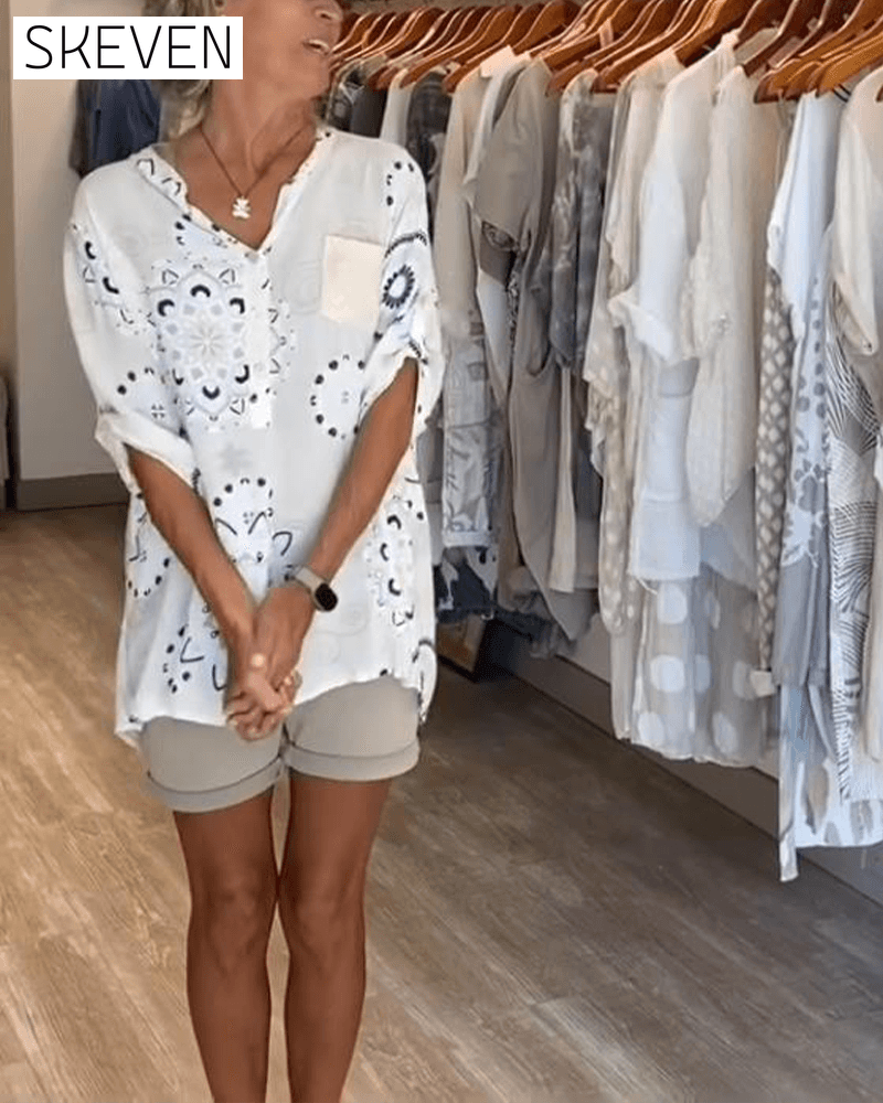 Versatile V-Neck Printed Half Sleeves Blouse