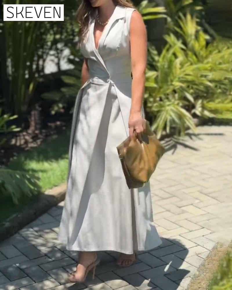 Sleeveless lapel elegant solid color dress
