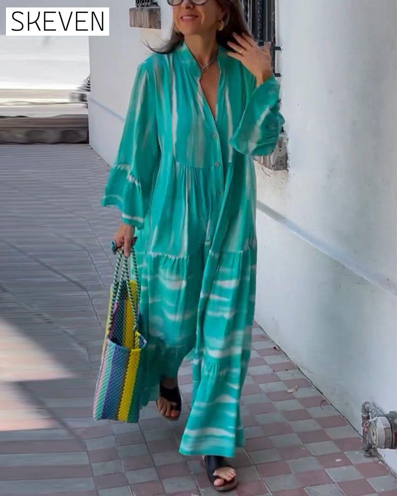 Casual V-neck flare sleeve loose long dress