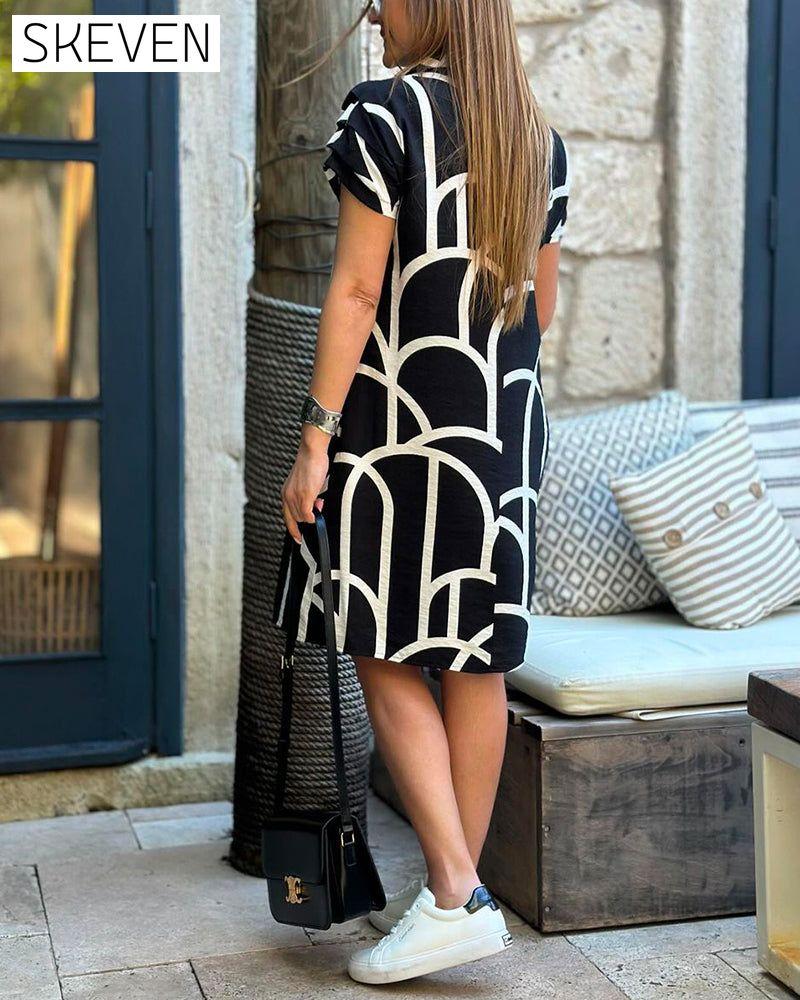 Bedrucktes, kurzärmeliges Midikleid mit Reverskragen