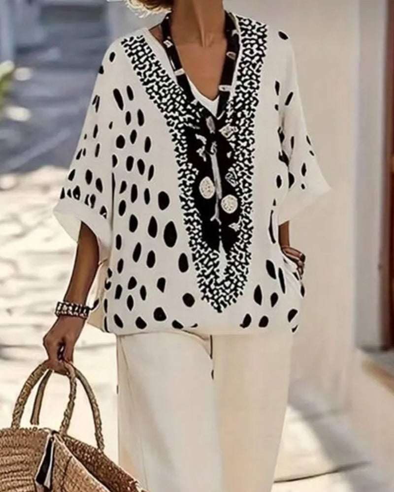 Polka Dot Print V-Neck Wide Leg Pants Set