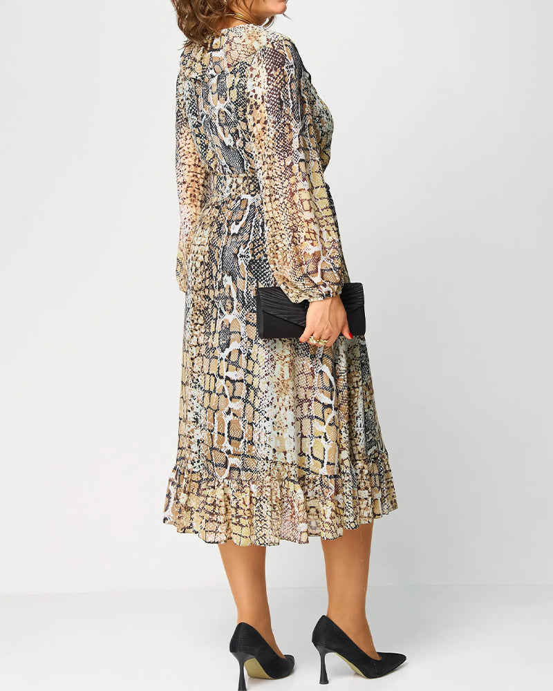 Flounce-Collar Lantern-Sleeve Printed Dress