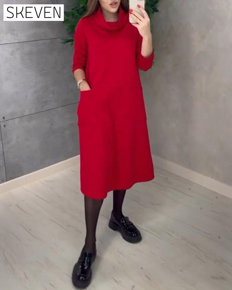 Solid color turtleneck pocket dress