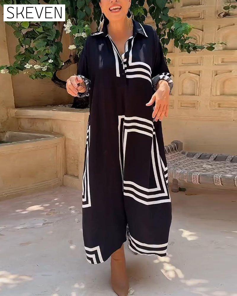 Lapel rectangular printed casual dress