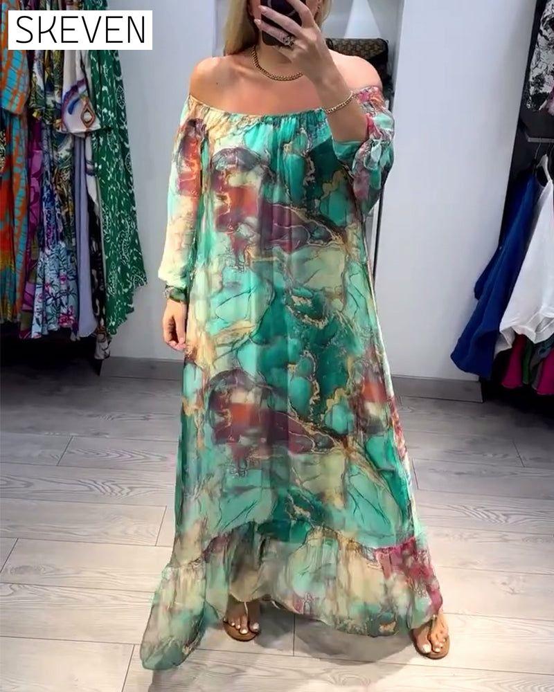 Einseitig schulterfreies Kleid mit Tintenmuster