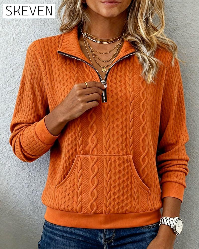 Sweatshirt mit halbem Reißverschluss, Jacquardmuster, einfarbig