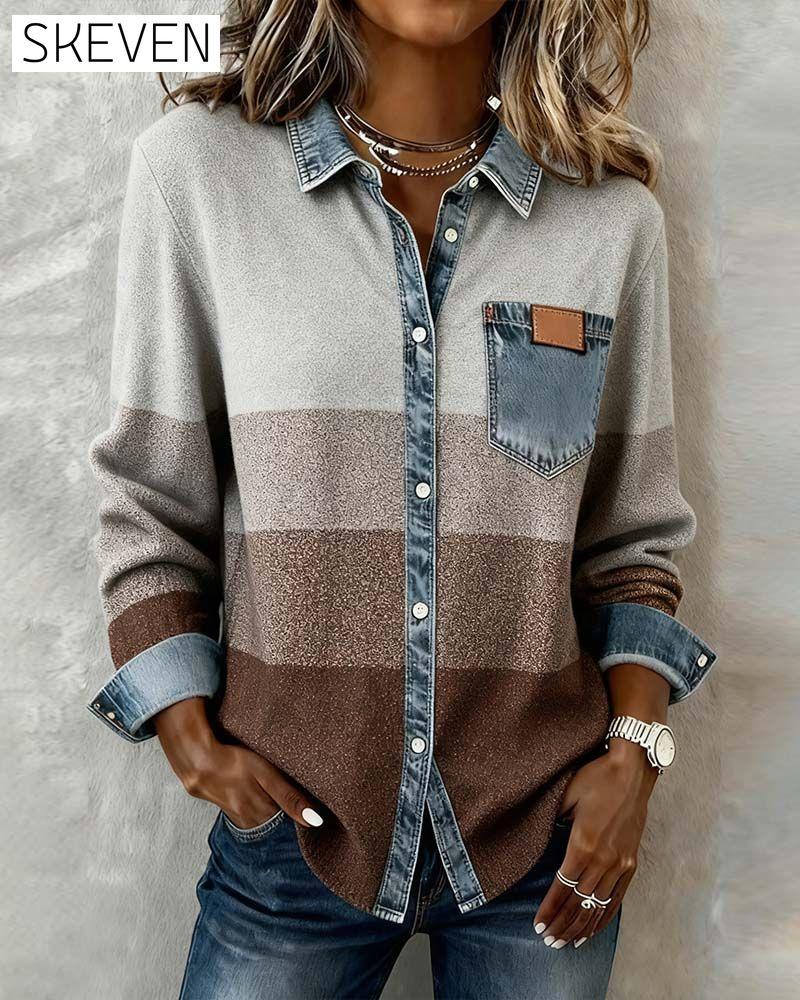 Denim Patchwork Button-Down Shirt