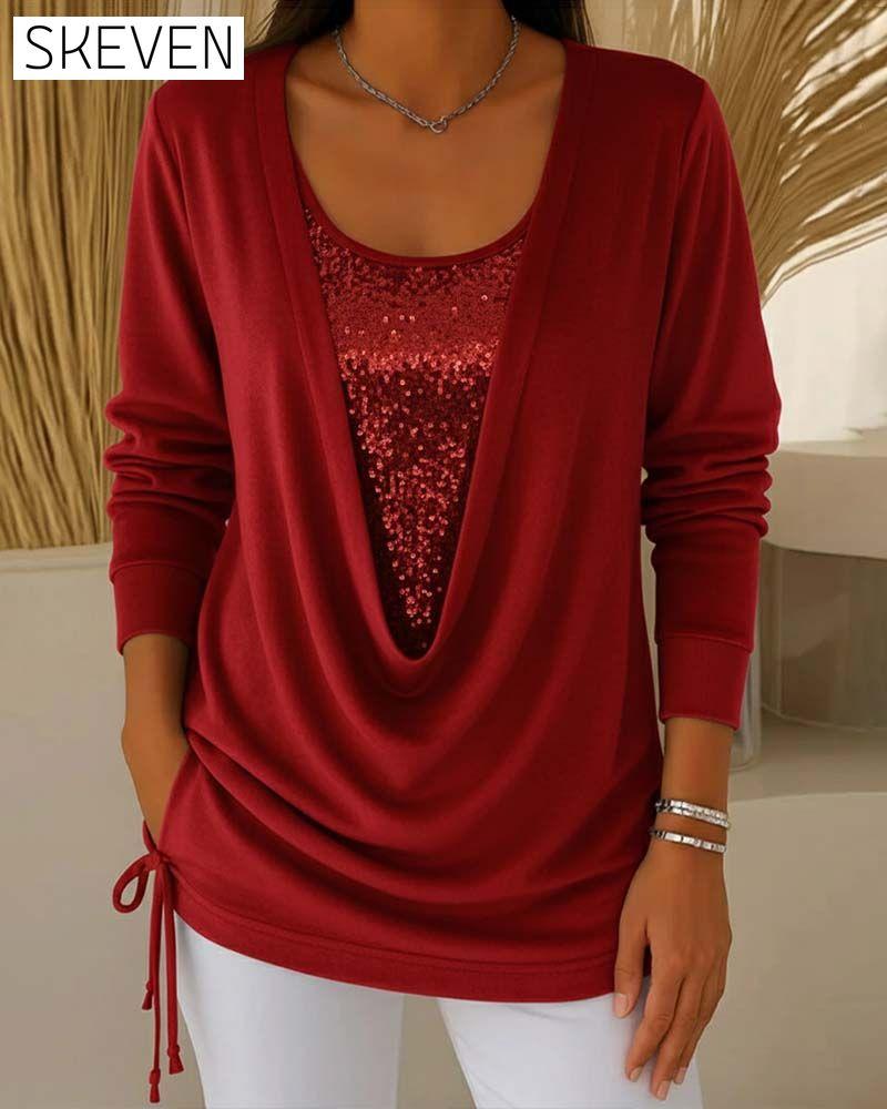 Sequin Contrast Color Faux Two-Piece Top