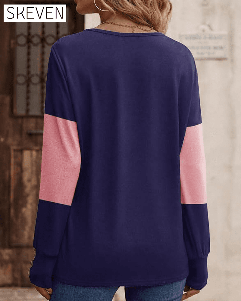 Women's Colorblock Print Button Decor Drop Shoulder Tee