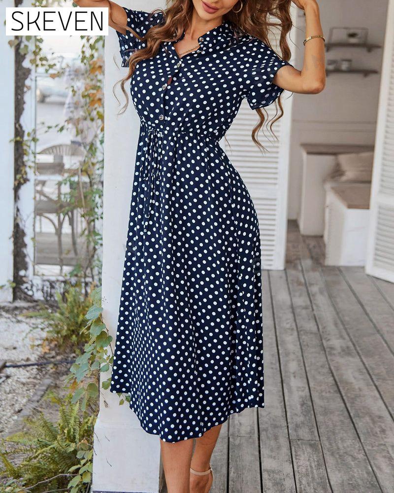 Polka Dot Drawstring Button Dress