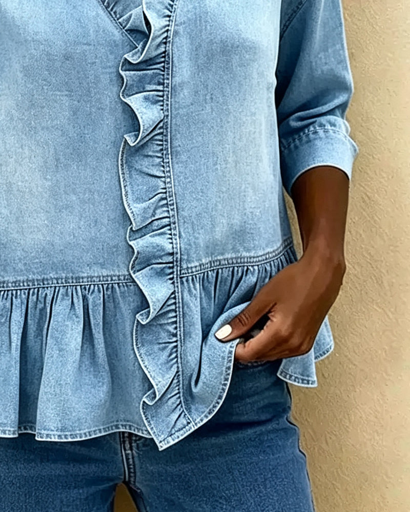Ruffle V-Neck Three-Quarter Sleeve Denim Blouse