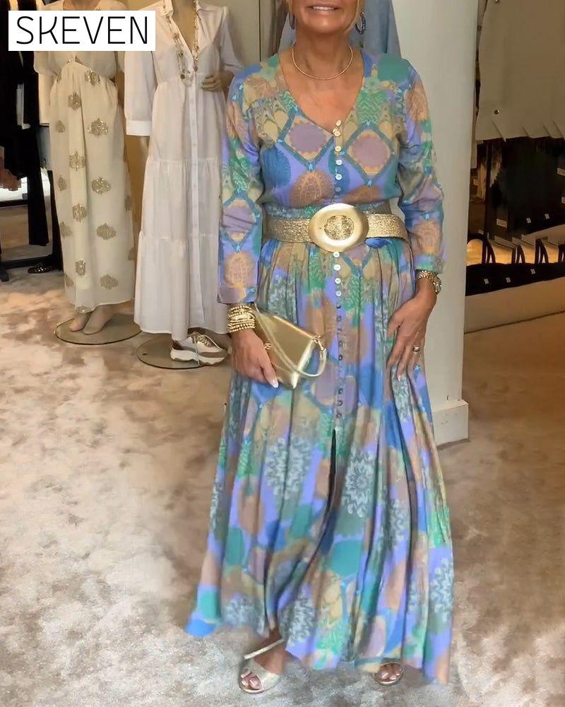 Vintage printed button slit long sleeve dress