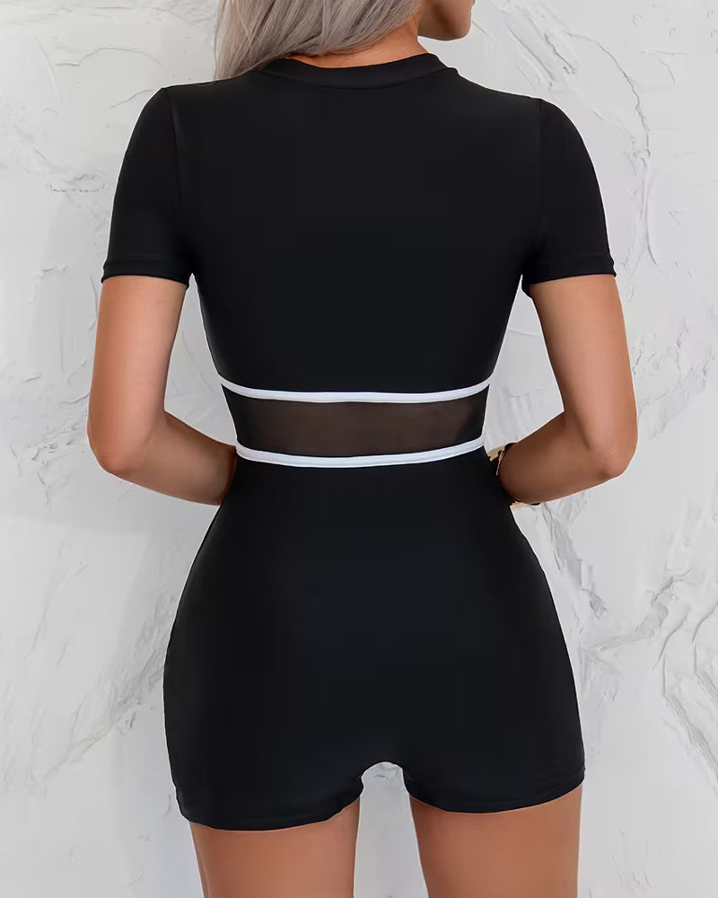 Color Block Zipper Short-Sleeve One-Piece