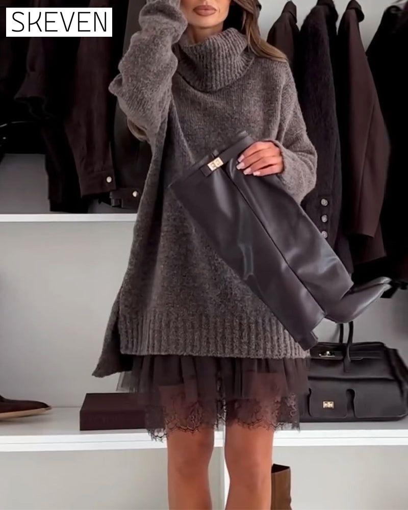 Casual Turtleneck Pullover Lace Two-Piece Set