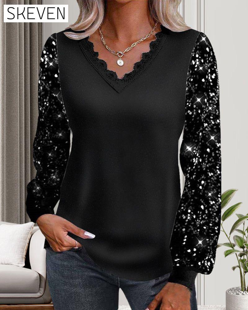 Casual solid color sequin V-neck top