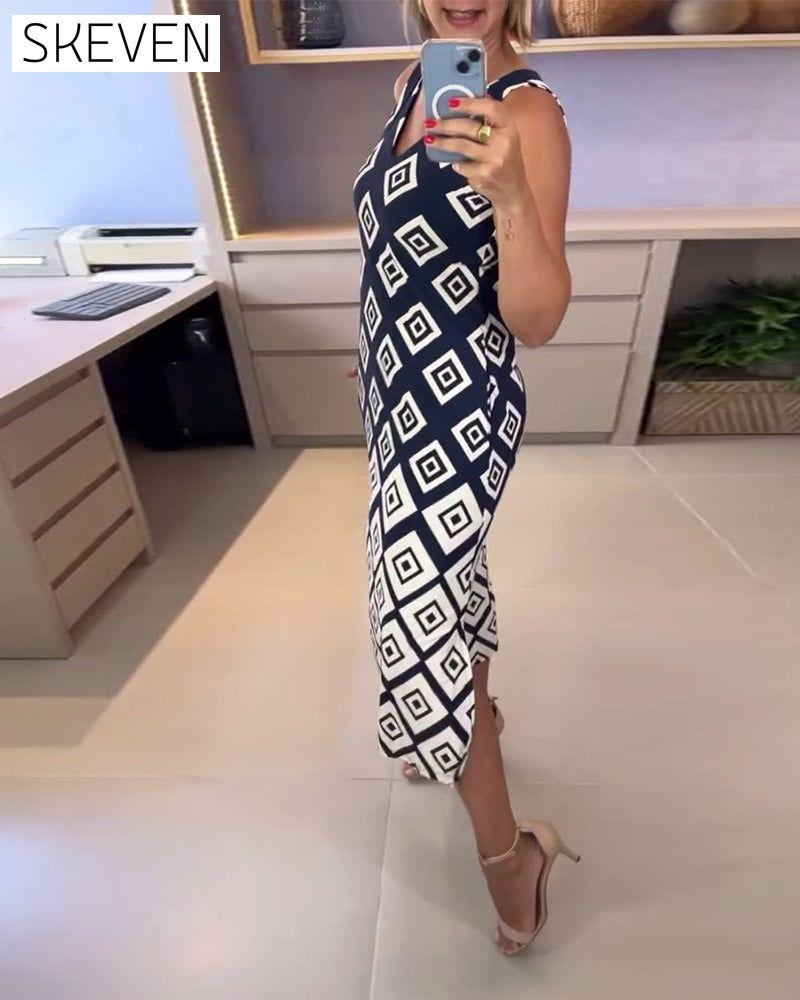 Robe sans manches à col en V et imprimé losanges
