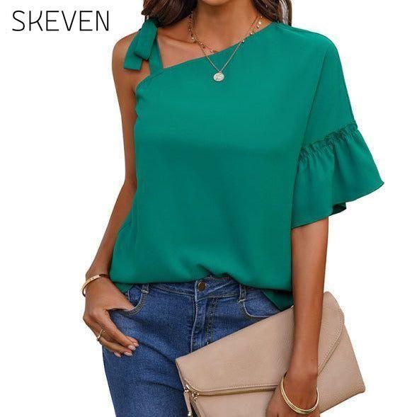 Women's fashion diagonal collar Ruffle Sleeve Chiffon Top clothes off the shoulder shirt shirt shirts short sleeve short sleeve shirt short sleeve top tops Tops/Blouses