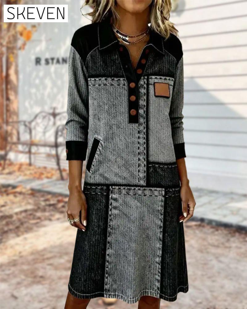 Modisches Kleid mit Knopfleiste, V-Ausschnitt und Farbblock-Design