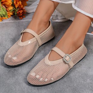 Round Head Rhinestone Buckle Mesh Hollow Out Mary Jane Women's Shoes