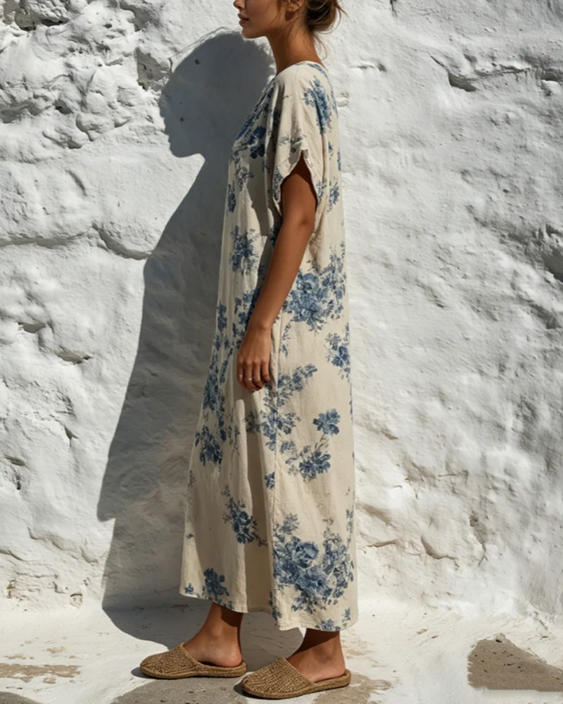 Crew Neck Vintage Blue Floral Dress