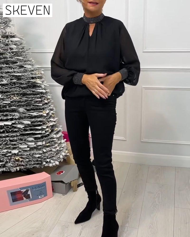 Blouse unie tendance à col montant patchwork ajouré