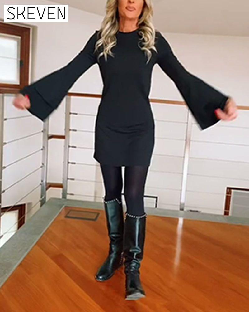 Fashion Solid Color Flare Sleeve Dress