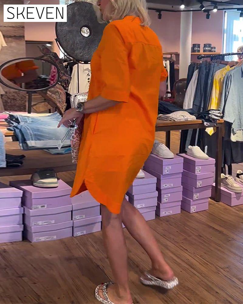 Solid color buttoned casual loose dress