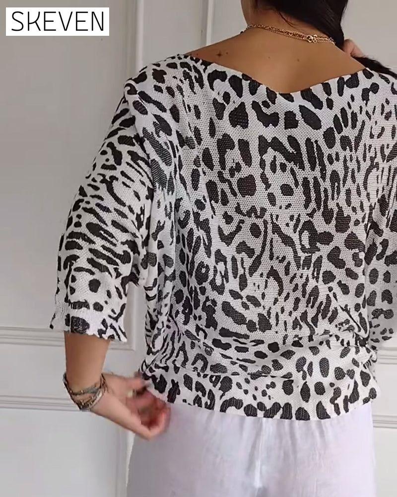 Three-Quarter Sleeve Leopard Print Loose Sweater