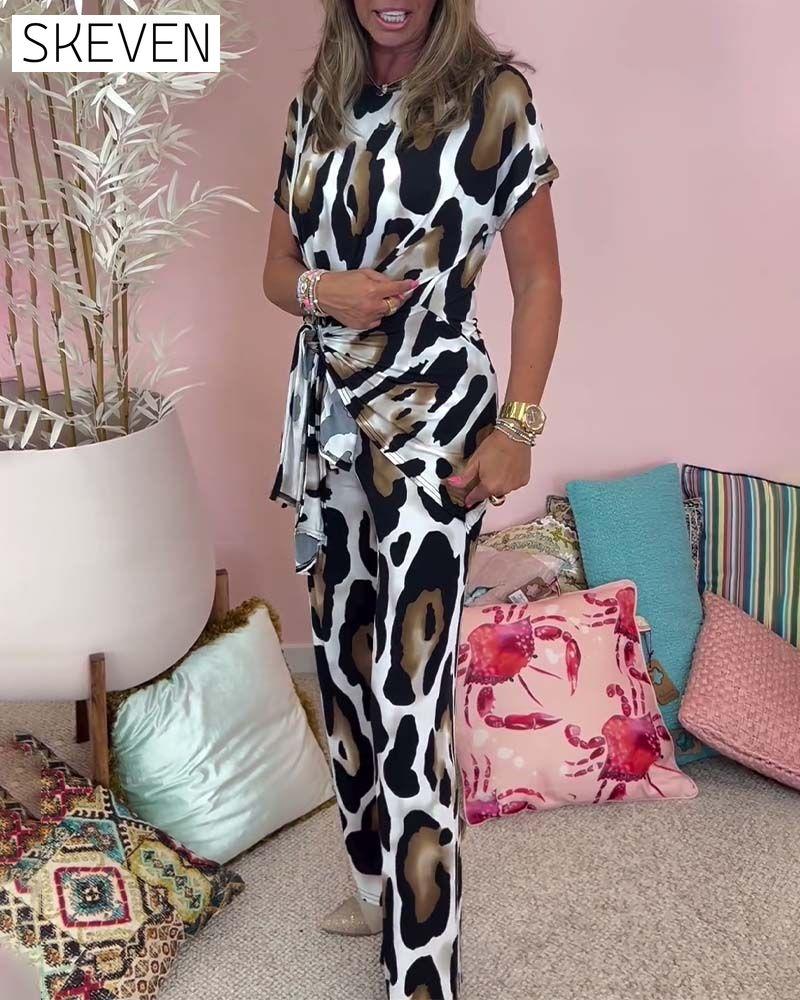 Leopard print lace-up casual two-piece set