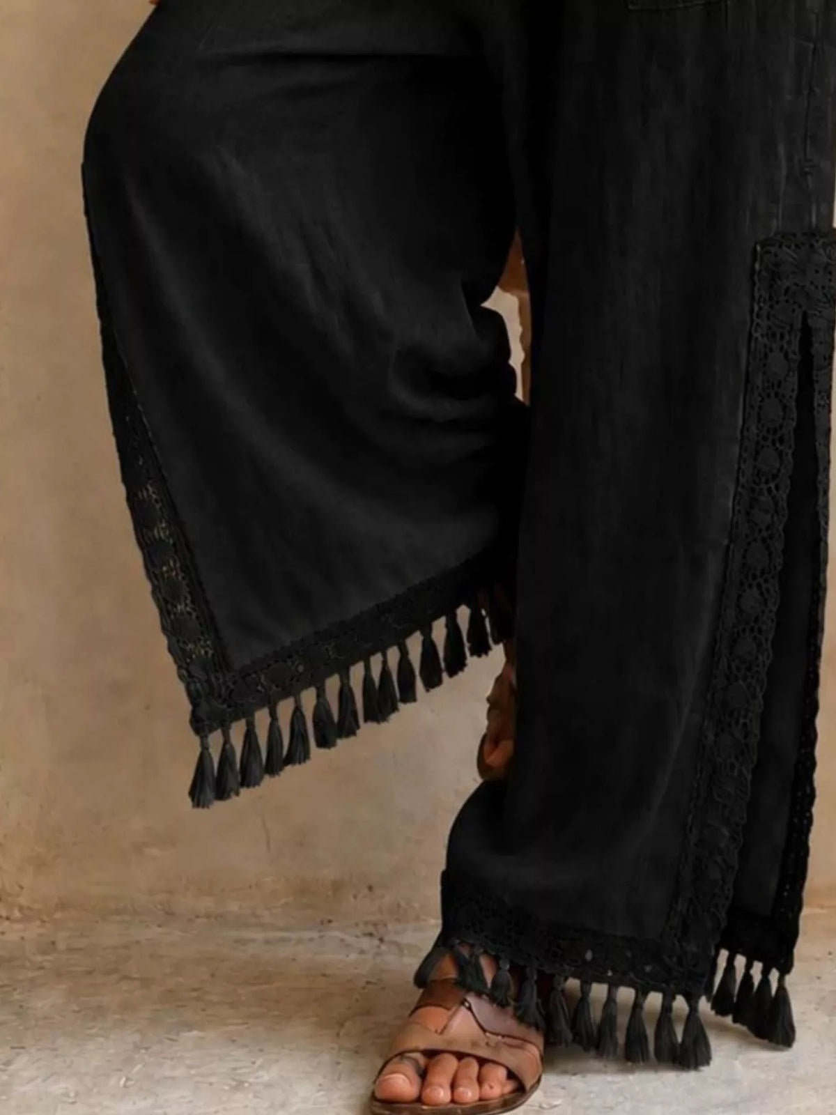 Lace Detail Slit Wide Leg Pants