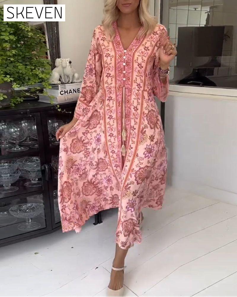 Elegantes bedrucktes Kleid mit V-Ausschnitt, Knopfleiste und Kordelzug