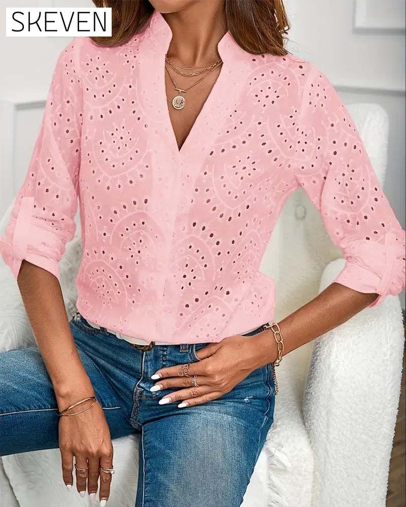 V-neck hollow solid color elegant top