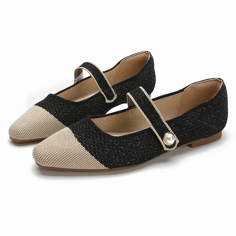 Mary Jane Japanese-style Womens Knit Ballet Flats With A Single Strap And A Square Toe