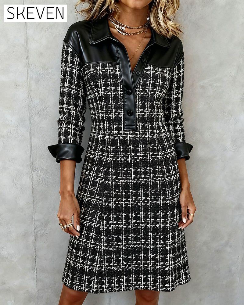 Langärmeliges Patchwork-Kleid mit Hahnentrittmuster