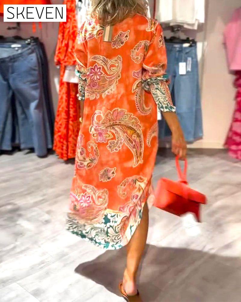 Kleid mit Stehkragen und langen Ärmeln, bedruckt mit Cashew-Print
